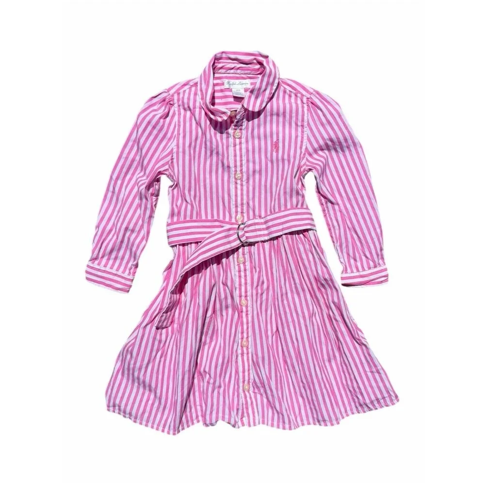 Ralph Lauren Pink Stripe Cotton Shirt Dress 24M Belted Button Front Preppy